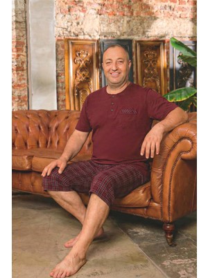 Aydoğan Erkek Dinç Büyük Beden Koton Bordo Bermuda Pijama Takımı 0083