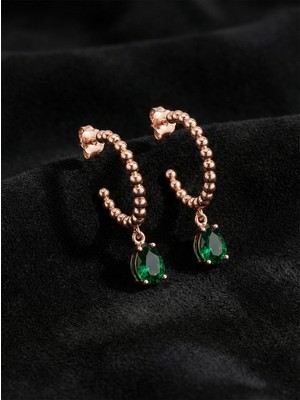 Erdobia 925 Ayar Zümrüt Taşlı Rose Damla Motifli Tektaş Halka Gümüş Küpe