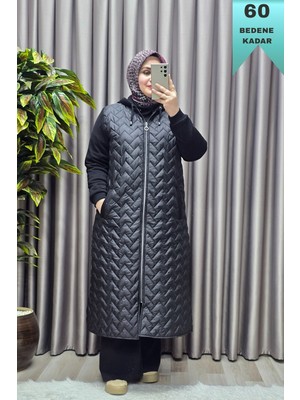 Elmas Tesettür Kadın Giyim Büyük Beden Kapitone Çavuş Desen Kolları Üç Iplik Şardonlu Polarlı Tesettür Mont