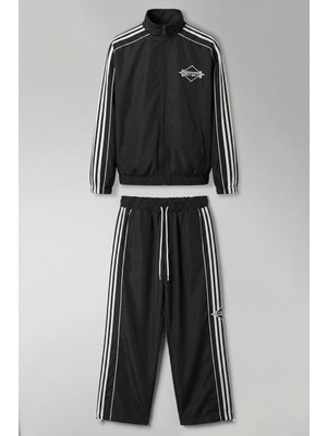 Abluka Online Erkek Relaxed Fit Şeritli Spor Eşofman Takımı Siyah