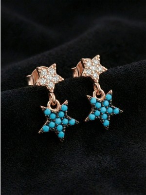 Erdobia 925 Ayar Turkuaz Taşlı Rose Iki Sıra Yıldız Çivili Gümüş Küpe