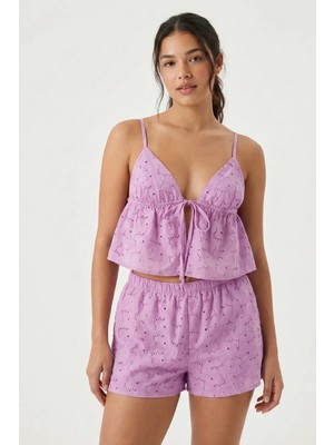 Laperissa Kadın Lila Astarlı Kendinden Desenli Dokuma Şortlu Pijama Takımı