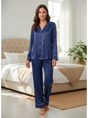 Laperissa Premium Saten Pijama Takımı – Lacivert, Uzun Kollu ve Biye Detaylı