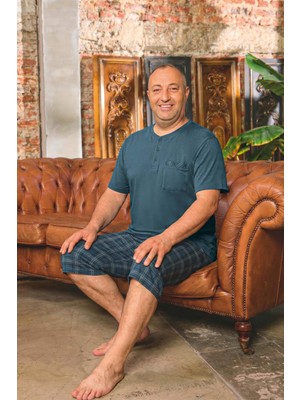 Aydoğan Erkek Dinç Büyük Beden Koton Petrol Bermuda Pijama Takımı 0089