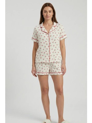 Laperissa Cherry Ekru Biyeli Müslin Dokuma Şortlu Pijama Takımı