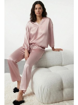 Laperissa Pudra Renk Bağcıklı Saten Dokuma Pijama Takımı