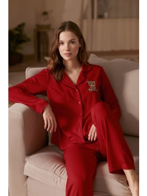Laperissa Kırmızı Ayıcık Detaylı Robin Dokuma Pijama Takımı