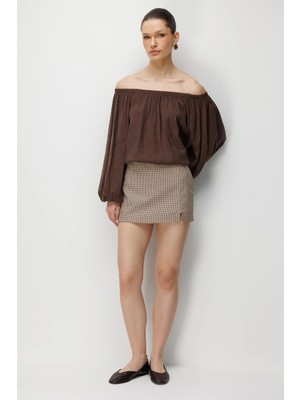 Mixray 4819 Kadın Madonna Yaka Modal Bluz Kahve