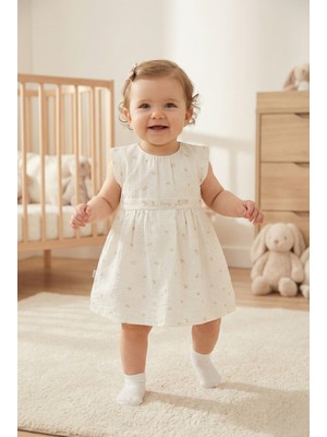 Caramell Kız Bebek Elbisesi Çiçek Desenli Astarlı Pamuklu Keten Karışımlı Yazlık Elbise