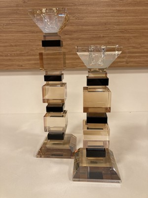 Mumluk 2'li Şamdan Kristal Küp Uzun Model Renk Bal Siyah Yükseklik 25 ve 19 cm Çapı 9 cm