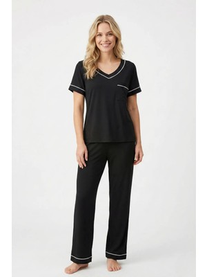 Laperissa Biyeli Siyah Mat Saten Pijama Takımı – Rahat ve Şık Kesim