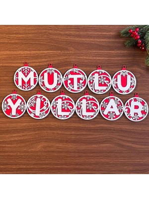 Mey İthalat Mey Ithalat®  11 Harfli Kırmızı Beyaz Ipli Mutlu Yıllar Yazılı Ahşap Yılbaşı Ağaç Süsü
