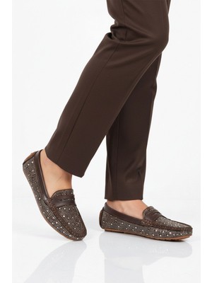 Ayakmod Kahve Taş Işlemeli Hafif Esnek Kadın Babet Ayakkabı 302122 Z