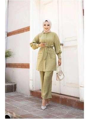 Tesettür Diyarı Cep Kapakları Taş Detaylı Takım Yazlık Kumaş Pantolon Yağ Yeşili