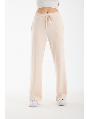 Hdm Kadın Fildişi Yüksek Bel Bol Paça Lastikli Bağcıklı Rahat Kalıp Günlük Palazzo Pantolon - H5990