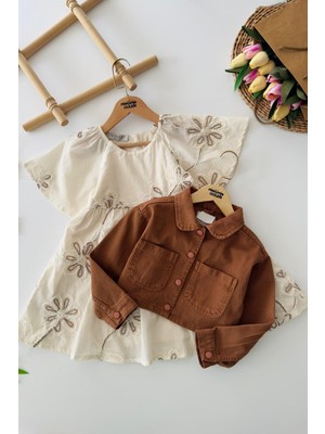 Miniğimin Cicileri Çiçek Nakışlı Elbiseli Ceketli Kız Çocuk 2'li Takım - Tarçın