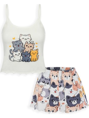 Koza İç Giyim Kadın Ince Askılı Desenli Pamuklu Şortlu Pijama Takımı