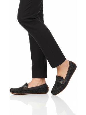 Ayakmod Siyah Taş Işlemeli Hafif Esnek Kadın Babet Ayakkabı 302122 Z