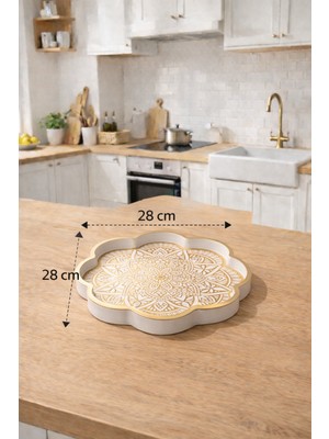 Zucci Home Akdeniz Esintisi Dekoratif Yaldızlı Küçük Papatya Sunum Tepsisi | Daisy Mandala  | Premium Servis Tepsisi - 28X28 cm