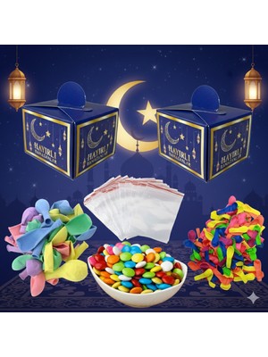 Zenviva 50\'li Hayırlı Ramazanlar KUTULU+100 BALON+100 Su BALONU+500 gr Bonibon+50 Kilitli Poşetli Hediye Seti