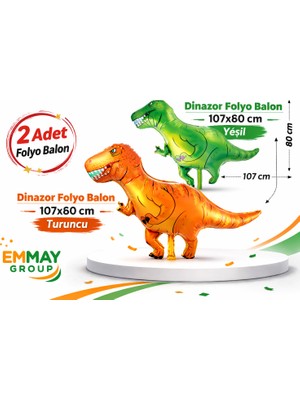 İTHAL Dinazor Folyo Balon 107X60 cm Yeşil + Dinazor Folyo Balon 107X60 cm Turuncu, **toplam 2 Adet**
