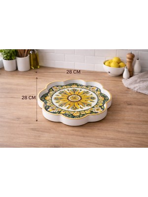 Zucci Home Akdeniz Esintisi Dekoratif Yaldızlı Küçük Papatya Sunum Tepsisi | Daisy Siciliano  | Premium Servis Tepsisi - 28X28 cm
