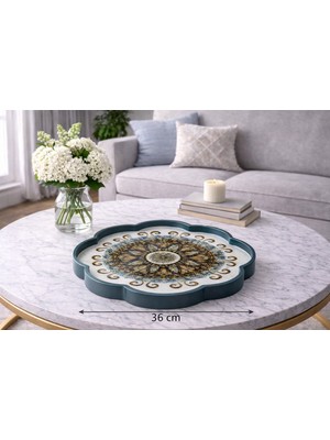 Zucci Home 36 cm Çiçek Desenli Cam Dekoratif Tepsi | Akdeniz Esintisi | Shine Aureus Blue | Renkli Çiçek Motifli Orta Sehpa & Sunum Tepsisi
