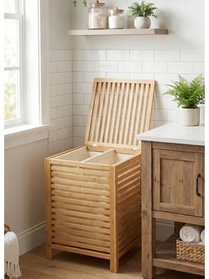 Robin Home Bambu Kirli Banyo Çamaşır Sepeti Iki Bölmeli Dekoratif Kare Doğal Bambu 45*45*63CM