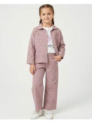 Ege Bebek Kız Çocuk 5-12 Yaş Çiçek Motifli Keten Pantalonlu, Dar Kalıp Ceketli 3'lü Şık Bayramlık Takım