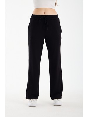 Hdm Kadın Siyah Yüksek Bel Bol Paça Lastikli Bağcıklı Rahat Kalıp Günlük Palazzo Pantolon - H5990