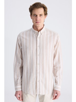 D'S Damat Ds Damat Comfort Bej Çizgi Desenli Keten Karışımlı Gömlek 4HC02KY042652