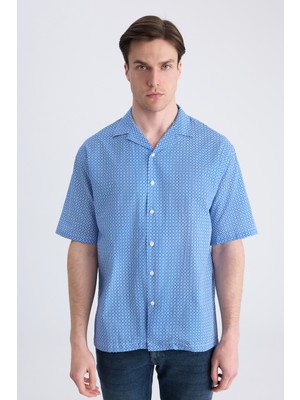 D'S Damat Ds Damat Relaxed Mavi Baskılı %100 Pamuklu Gömlek