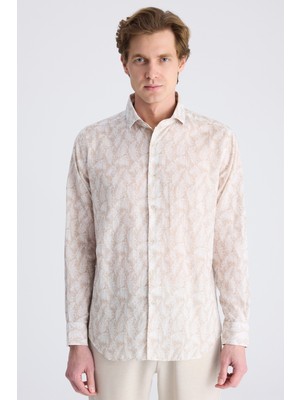 D'S Damat Ds Damat Regular Fit Bej Baskılı %100 Pamuklu Gömlek
