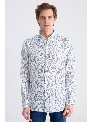 D'S Damat Ds Damat Comfort Beyaz Baskılı %100 Keten Gömlek 4HC02AP372650