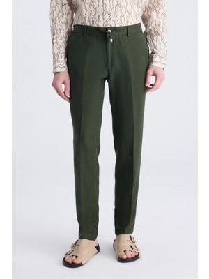 D'S Damat Ds Damat Slim Fit Haki Düz %100 Keten Jogger Pantolon