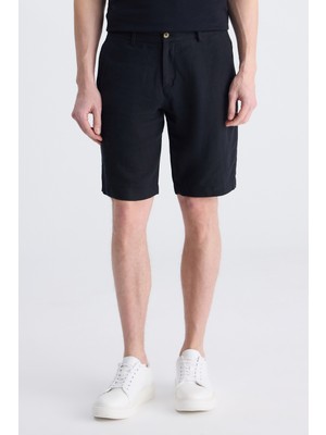 D'S Damat Ds Damat Slim Fit Siyah Düz %100 Keten Şort 4HC1300122020