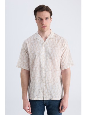 D'S Damat Ds Damat Relaxed Bej Baskılı %100 Pamuklu Gömlek 4HC02AD013130