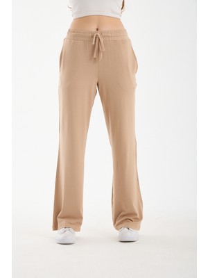 Hdm Kadın Bej Yüksek Bel Bol Paça Lastikli Bağcıklı Rahat Kalıp Günlük Palazzo Pantolon - H5990