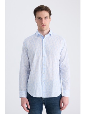 D'S Damat Ds Damat Regular Fit Mavi Baskılı %100 Pamuklu Gömlek 4HC02AD013270