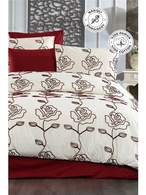Evien Home Nakışlı %100 Pamuk Nevresim Takımı Çift Kişilik 3 Parça Lüks Kalite Çeyizlik Gül Krem Kırmızı