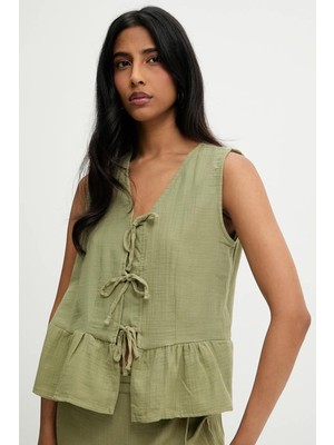 Tena Kadın Haki Önü Bağlamalı Kolsuz Eteği Fırfırlı Muslin Bluz