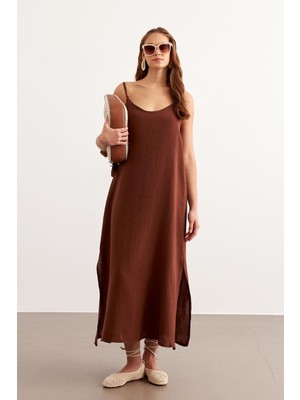Tena Kadın Kahve Ip Askılı Yanı Yırtmaçlı Müslin Uzun Elbise