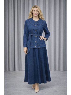 Hiramir Kadın Düğme Detaylı Kuşaklı Denim Takım YZ2610