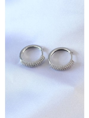 Belle Fusion Mey Ithalat® Gümüş Renk Zirkon Taşlı Halka Model Pirinç Kadın Küpe