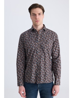 D'S Damat Ds Damat Slim Fit Kahverengi Baskılı %100 Pamuklu Gömlek 3HC0221213271