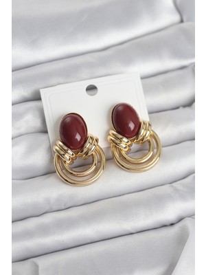 Solenya Pirinç Gold Renk Bordo Taşlı Vintage Kadın Küpe