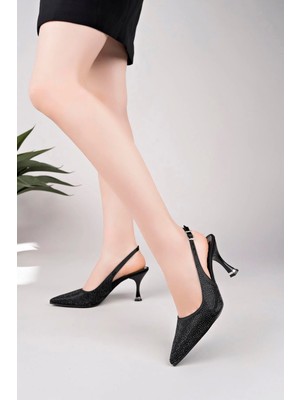 Aymood Taşlı Topuklu Sivri Burun Siyah Taş Arkası Açık Ince Topuk Ayakkabı