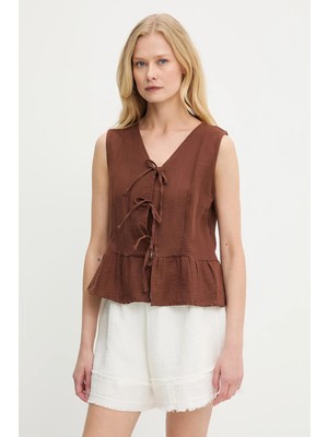 Tena Kadın Kahve Önü Bağlamalı Kolsuz Eteği Fırfırlı Muslin Bluz