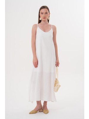Tena Kadın Ekru Ip Askılı Yanı Yırtmaçlı Müslin Uzun Elbise