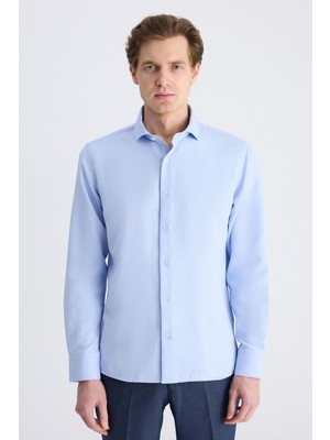 D'S Damat Ds Damat Slim Fit Mavi Armürlü Tencel™ -Keten Karışımlı Gömlek 3HF02SN161851
